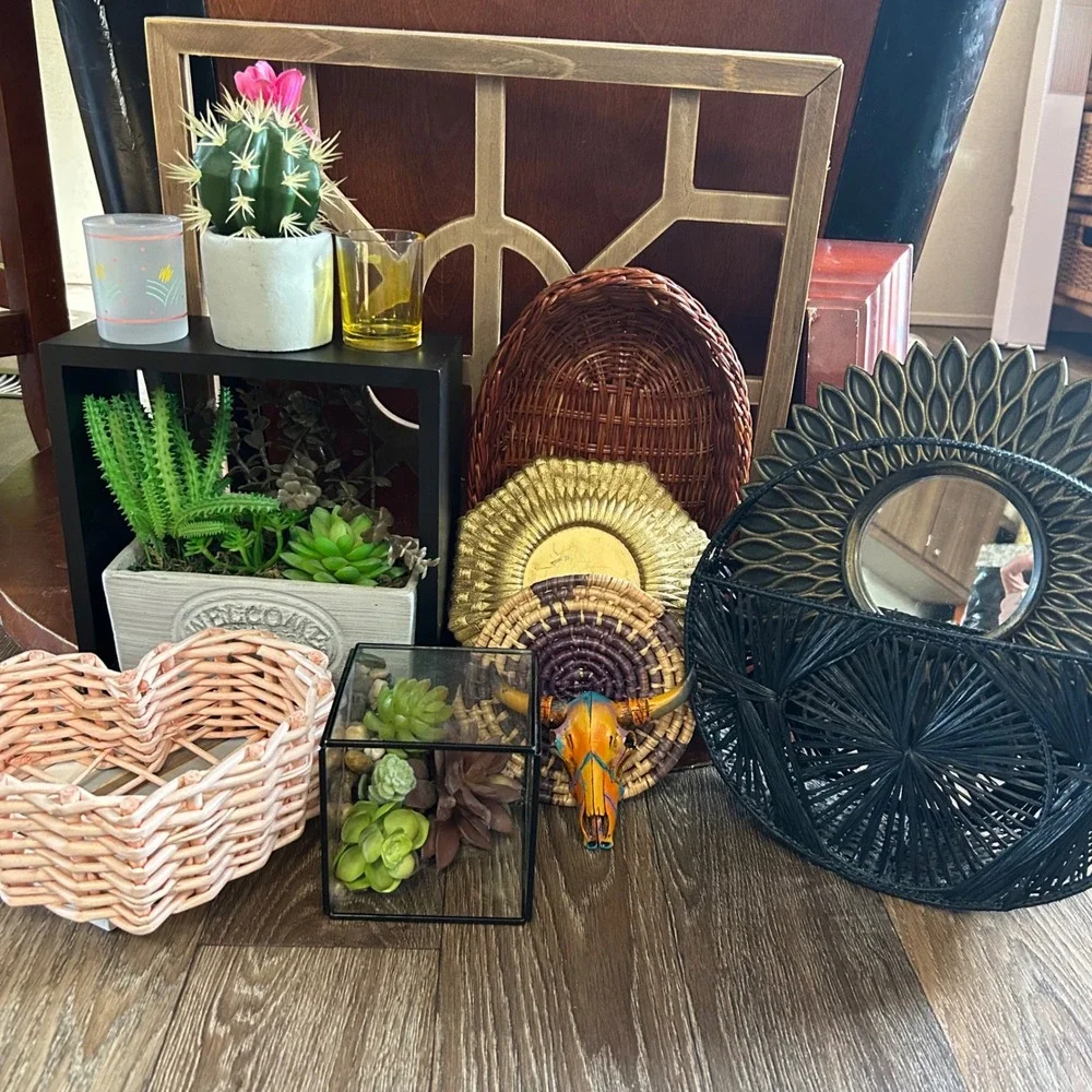 Boho Home Decor Bundle Sunburst Mirror Woven Baskets Faux Succulents Steer Skull
